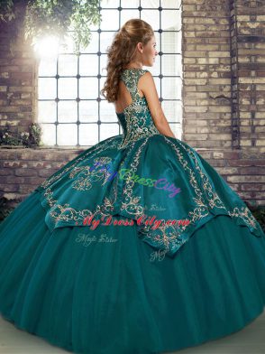 Simple Sleeveless Tulle Floor Length Lace Up Quinceanera Dresses in Blue with Beading and Embroidery