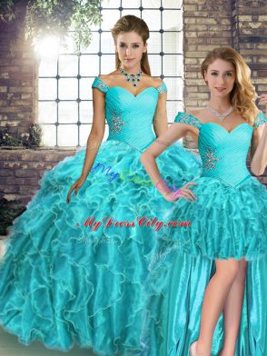 Traditional Aqua Blue Quince Ball Gowns Military Ball and Sweet 16 and Quinceanera with Beading and Ruffles Off The Shoulder Sleeveless Brush Train Lace Up