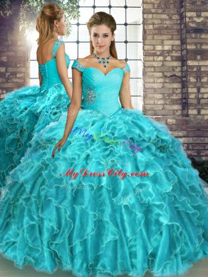 Traditional Aqua Blue Quince Ball Gowns Military Ball and Sweet 16 and Quinceanera with Beading and Ruffles Off The Shoulder Sleeveless Brush Train Lace Up