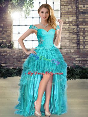 Traditional Aqua Blue Quince Ball Gowns Military Ball and Sweet 16 and Quinceanera with Beading and Ruffles Off The Shoulder Sleeveless Brush Train Lace Up