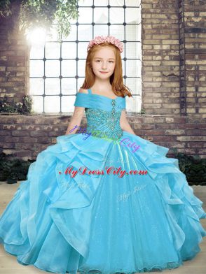 Aqua Blue Lace Up Straps Beading and Ruffles Glitz Pageant Dress Organza Sleeveless