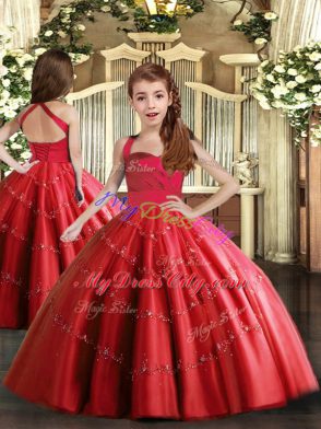 Latest Floor Length Red Child Pageant Dress Tulle Sleeveless Beading