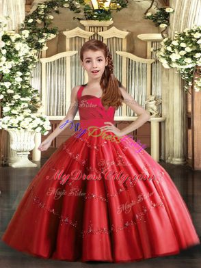 Latest Floor Length Red Child Pageant Dress Tulle Sleeveless Beading