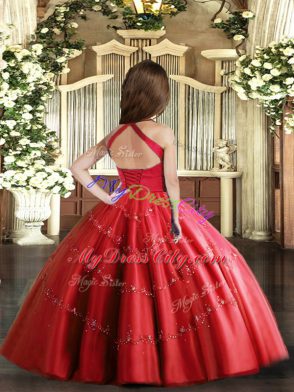 Latest Floor Length Red Child Pageant Dress Tulle Sleeveless Beading