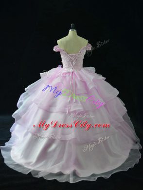 Suitable Sleeveless Beading and Ruffled Layers Lace Up Quinceanera Gowns with Lilac Brush Train