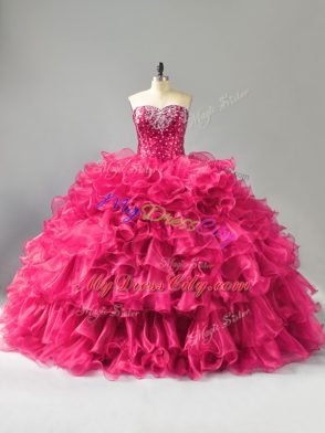 Latest Sweetheart Sleeveless Organza Vestidos de Quinceanera Beading and Ruffles Lace Up