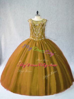 Brown Ball Gowns Beading Quince Ball Gowns Lace Up Tulle Sleeveless Floor Length