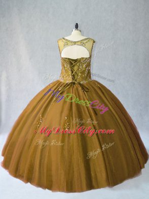 Brown Ball Gowns Beading Quince Ball Gowns Lace Up Tulle Sleeveless Floor Length