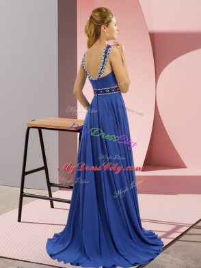 Chic Chiffon Scoop Sleeveless Brush Train Zipper Beading Prom Gown in Purple