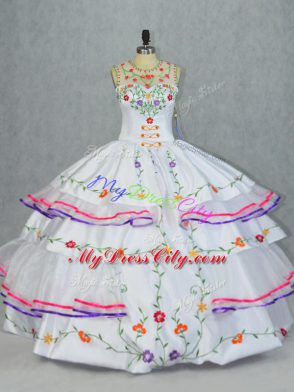 Beauteous White Sleeveless Embroidery and Ruffled Layers Floor Length Quinceanera Gown