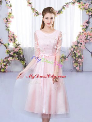 Eye-catching Baby Pink Wedding Party Dress Wedding Party with Lace and Belt Scoop Half Sleeves Lace Up