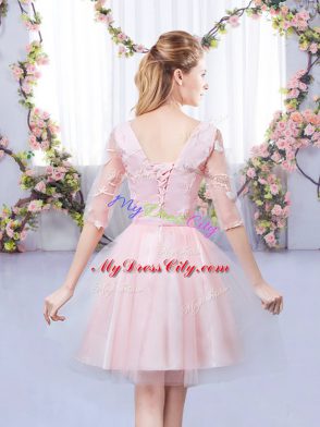 Eye-catching Baby Pink Wedding Party Dress Wedding Party with Lace and Belt Scoop Half Sleeves Lace Up