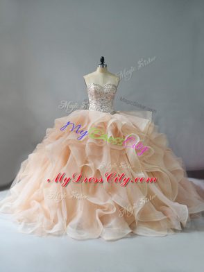 Sleeveless Brush Train Lace Up Beading and Ruffles Ball Gown Prom Dress