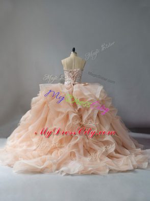 Sleeveless Brush Train Lace Up Beading and Ruffles Ball Gown Prom Dress