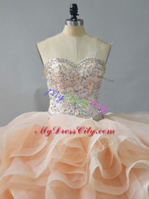 Sleeveless Brush Train Lace Up Beading and Ruffles Ball Gown Prom Dress