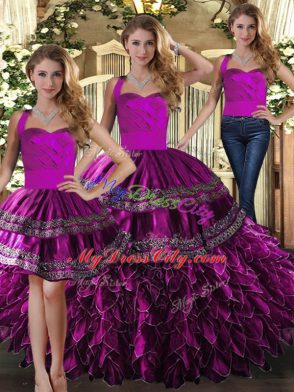 Smart Fuchsia Sleeveless Floor Length Embroidery and Ruffles Lace Up Sweet 16 Dress