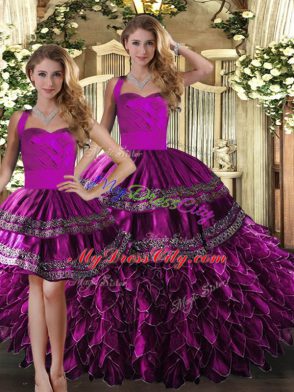 Smart Fuchsia Sleeveless Floor Length Embroidery and Ruffles Lace Up Sweet 16 Dress