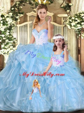 Dazzling Blue Organza Lace Up Sweetheart Sleeveless Floor Length Quinceanera Gowns Beading and Ruffles