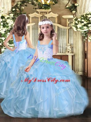 Dazzling Blue Organza Lace Up Sweetheart Sleeveless Floor Length Quinceanera Gowns Beading and Ruffles