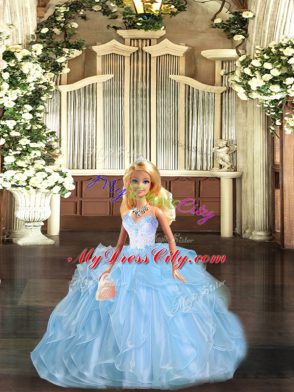 Dazzling Blue Organza Lace Up Sweetheart Sleeveless Floor Length Quinceanera Gowns Beading and Ruffles