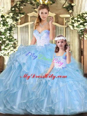 Dazzling Blue Organza Lace Up Sweetheart Sleeveless Floor Length Quinceanera Gowns Beading and Ruffles