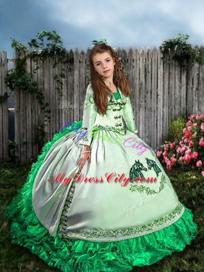 Lace Up Little Girls Pageant Gowns White for Wedding Party with Embroidery and Ruffles Sweep Train