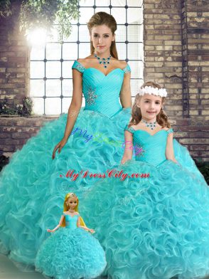 Sleeveless Floor Length Beading Lace Up Ball Gown Prom Dress with Aqua Blue