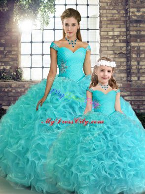 Sleeveless Floor Length Beading Lace Up Ball Gown Prom Dress with Aqua Blue