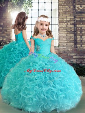 Sleeveless Floor Length Beading Lace Up Ball Gown Prom Dress with Aqua Blue