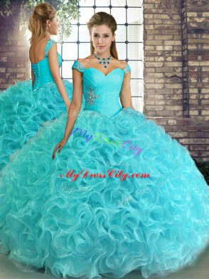 Sleeveless Floor Length Beading Lace Up Ball Gown Prom Dress with Aqua Blue