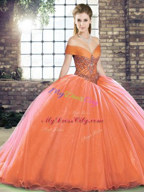 Orange Red Ball Gowns Beading Quince Ball Gowns Lace Up Organza Sleeveless