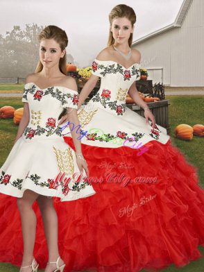 Artistic White And Red 15 Quinceanera Dress Military Ball and Sweet 16 and Quinceanera with Embroidery and Ruffles Off The Shoulder Sleeveless Lace Up