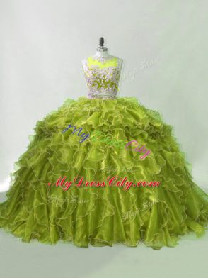 Perfect Olive Green Zipper Scoop Beading and Ruffles Quinceanera Gowns Organza Sleeveless Brush Train