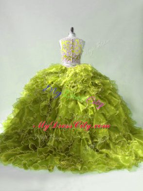 Perfect Olive Green Zipper Scoop Beading and Ruffles Quinceanera Gowns Organza Sleeveless Brush Train