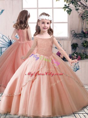 Peach Tulle Lace Up Pageant Dress for Girls Sleeveless Floor Length Beading