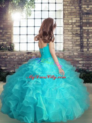 Floor Length Ball Gowns Sleeveless Blue Little Girl Pageant Gowns Lace Up