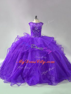 Sleeveless Organza Brush Train Lace Up Quinceanera Dress in Purple with Beading and Ruffles