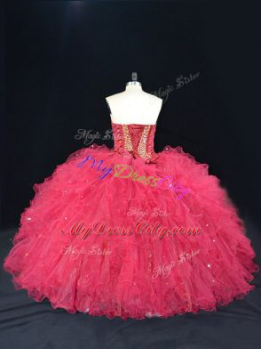 New Arrival Tulle Sweetheart Sleeveless Lace Up Beading and Ruffles Quinceanera Dresses in Coral Red