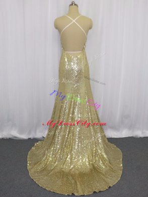 Most Popular Spaghetti Straps Sleeveless Sequined Formal Evening Gowns Sequins Brush Train Criss Cross