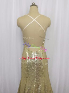 Most Popular Spaghetti Straps Sleeveless Sequined Formal Evening Gowns Sequins Brush Train Criss Cross