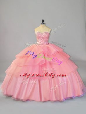 Sexy Watermelon Red Sleeveless Brush Train Beading and Ruffles 15th Birthday Dress