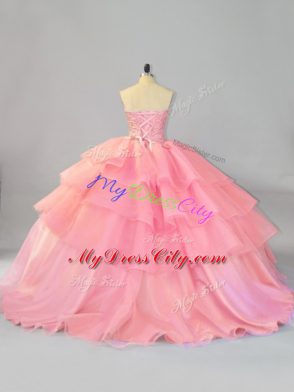 Sexy Watermelon Red Sleeveless Brush Train Beading and Ruffles 15th Birthday Dress