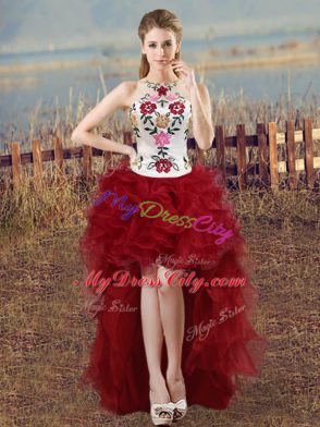 Halter Top Sleeveless Quinceanera Gowns Floor Length Embroidery and Ruffles White And Red Organza