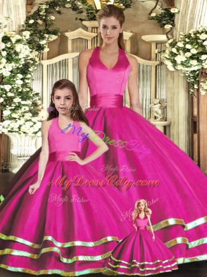 High Class Ruffled Layers Quinceanera Dresses Fuchsia Lace Up Sleeveless