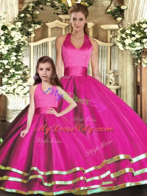 High Class Ruffled Layers Quinceanera Dresses Fuchsia Lace Up Sleeveless