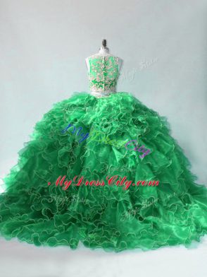 Green Scoop Beading and Ruffles Vestidos de Quinceanera Organza Sleeveless Brush Train