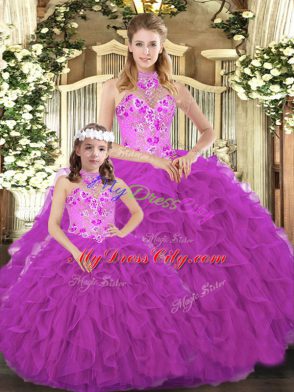 Extravagant Fuchsia Ball Gowns Embroidery and Ruffles 15th Birthday Dress Lace Up Tulle Sleeveless Floor Length