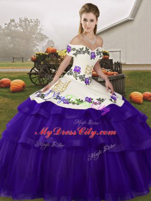 Purple Tulle Lace Up Off The Shoulder Sleeveless Quinceanera Gowns Brush Train Embroidery and Ruffled Layers