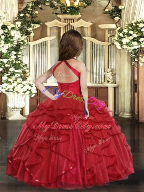 Attractive Fuchsia Ball Gowns Ruffles Pageant Dress Womens Lace Up Tulle Sleeveless Floor Length