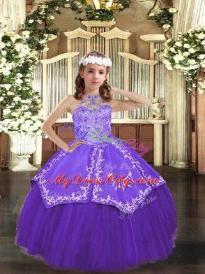 Trendy Halter Top Sleeveless Pageant Dress Toddler Floor Length Beading and Embroidery Purple Tulle